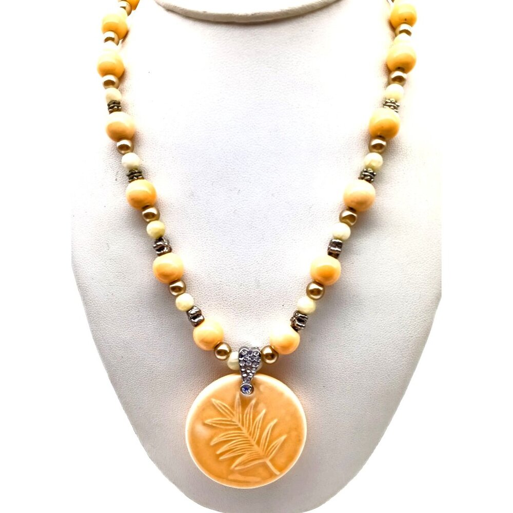 Summery Peach Ceramic Pendant on Beaded Strand, Vintage Bohemian Leaf Imprint